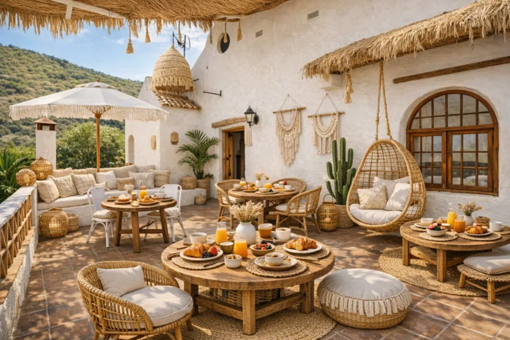 Dakterras van Casa Joy y Luna in Sedella, met loungeplekken, uitzicht op de bergen en rustige Andalusische sfeer.