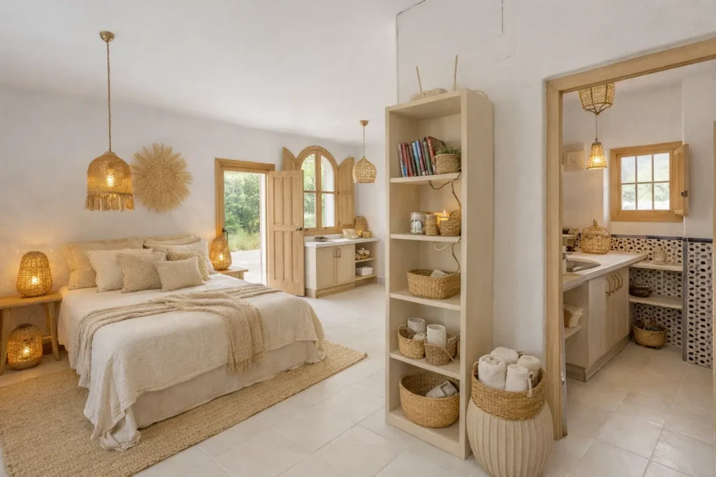 Slaapkamer van Casa Joy y Luna in Sedella, met sfeervolle inrichting, comfortabel bed en rustgevende Andalusische uitstraling.