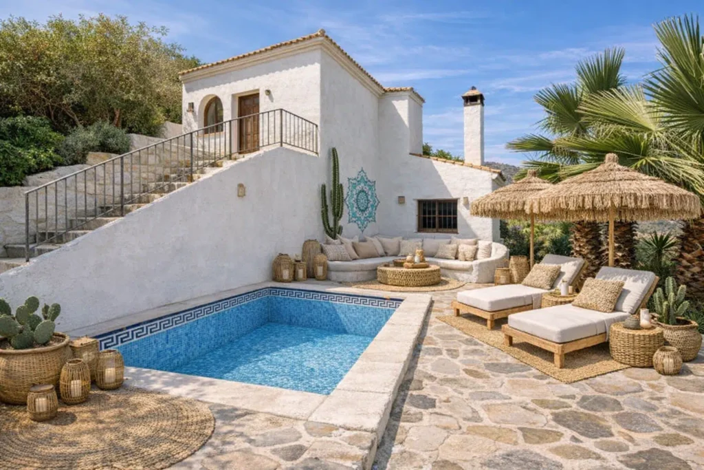 Zwembad en terras van Casa Joy y Luna in Sedella, met ligbedden, uitzicht op de bergen en een rustige Andalusische sfeer.
